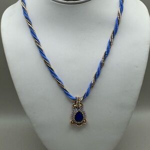 Royal Blue Beaded Pendant Necklace with Gold Accents